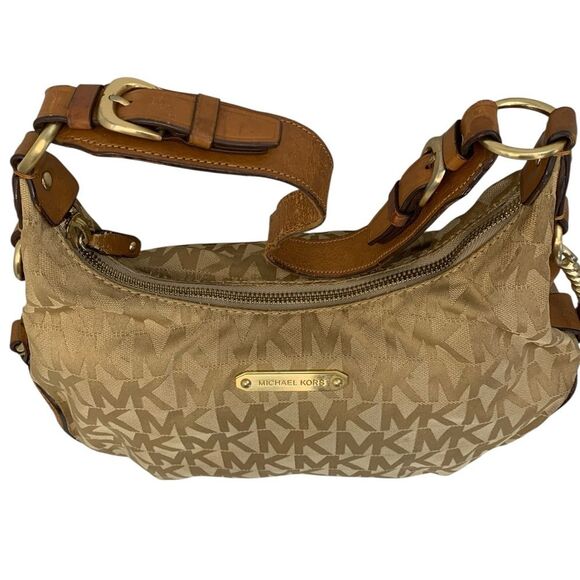 Michael Kors Canvas Hobo Shoulder Bag Tan MK Logo Gold Hardware Leather Trim - Picture 2 of 12